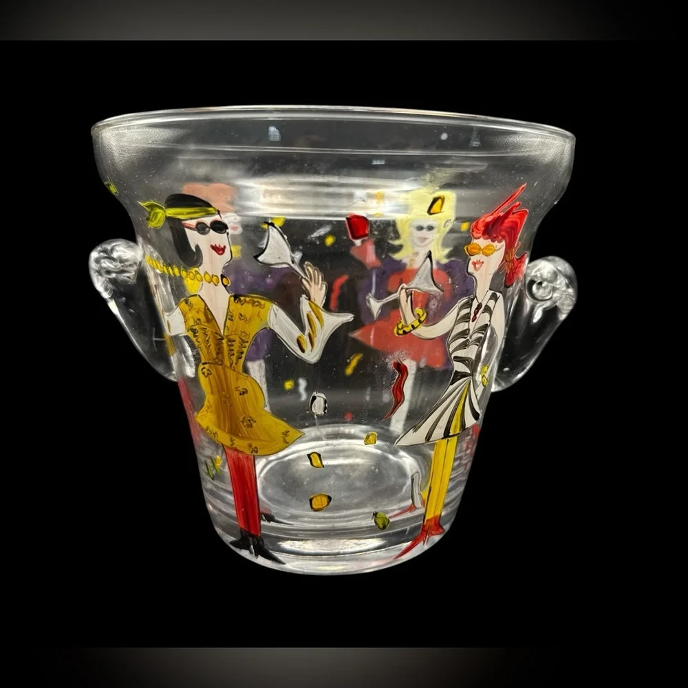 Vintage Hand Painted Whimsical Ladies Night Wine Glasses and Ice Bucket Set